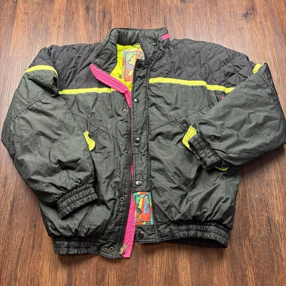 VTG Mighty Mac Norsac Duck Down Ski Jacket Black With Neon Women’s Size 20